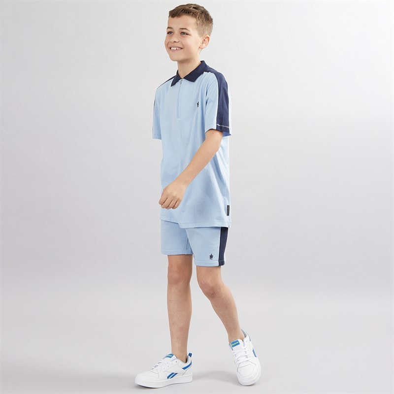 French Connection Boys Stream Zip Polo Shirt And Shorts Set Sky/Marine - Image 4