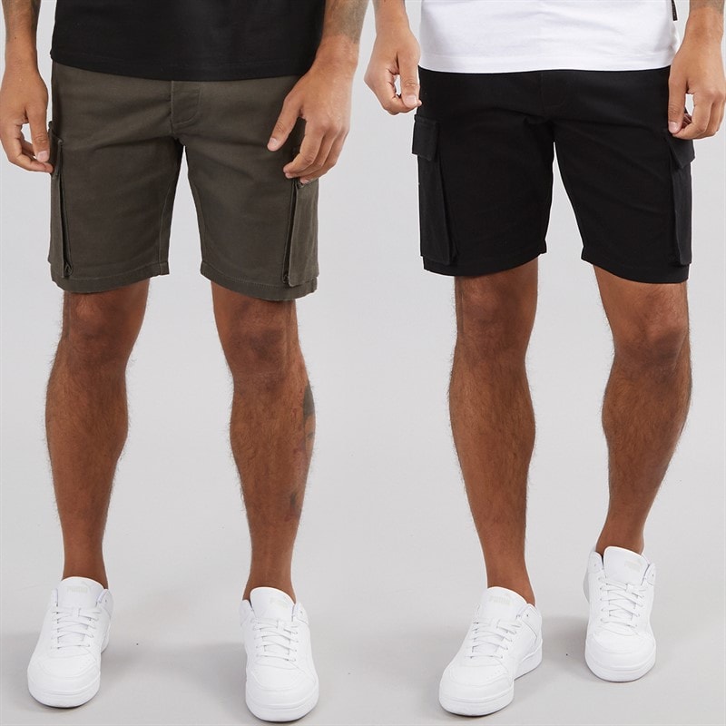 French Connection Mens Two Pack Cargo Shorts Multi 3 - Black/Khaki