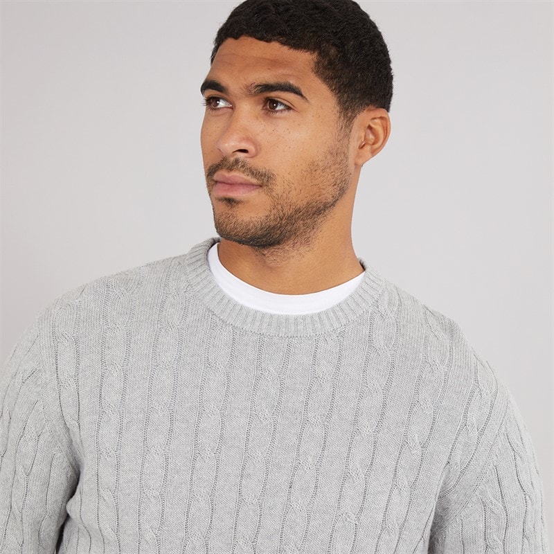 French Connection Mens Cotton Cable Crew Neck Jumper Light Grey Mel - Image 3