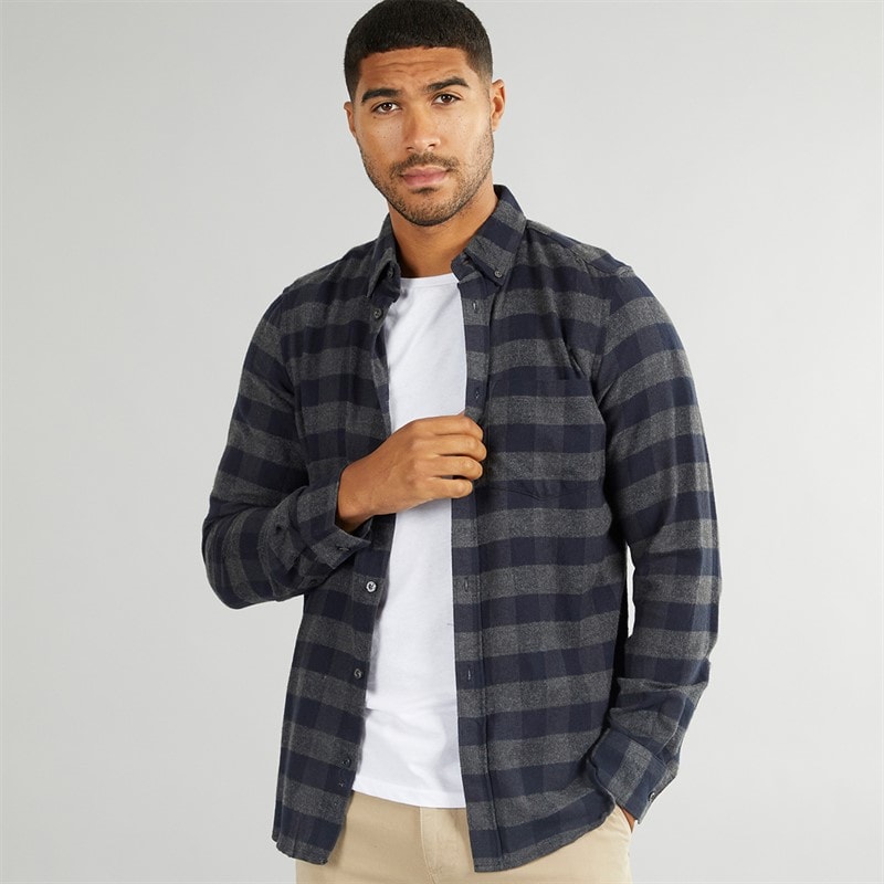 French Connection Mens Large Gingham Flannel Check Long Sleeve Shirt Charcoal Mel/Marine
