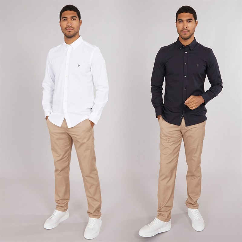 French Connection Mens Two Pack Long Sleeve Oxford Shirts White/Marine Solid - Image 3