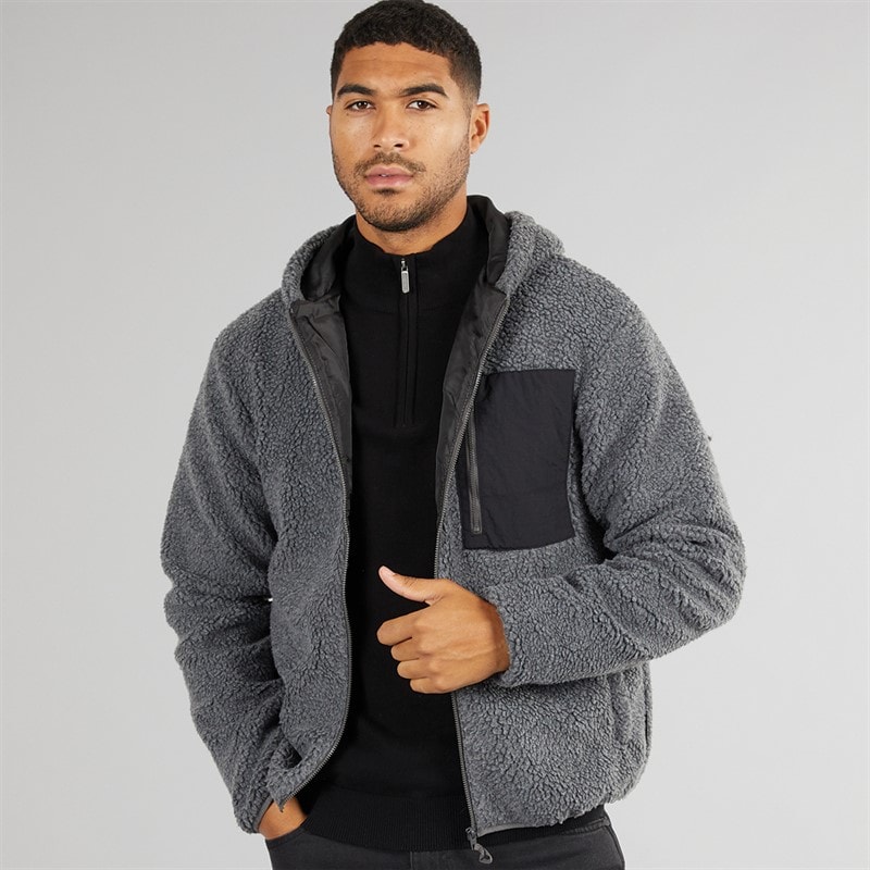 French Connection Mens Borg Pocket Zip Through Hoodie Mid Grey Mel/Black/Black - Image 1