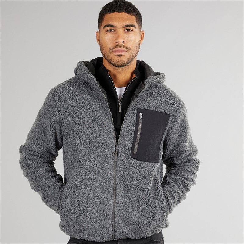 French Connection Mens Borg Pocket Zip Through Hoodie Mid Grey Mel/Black/Black - Image 3
