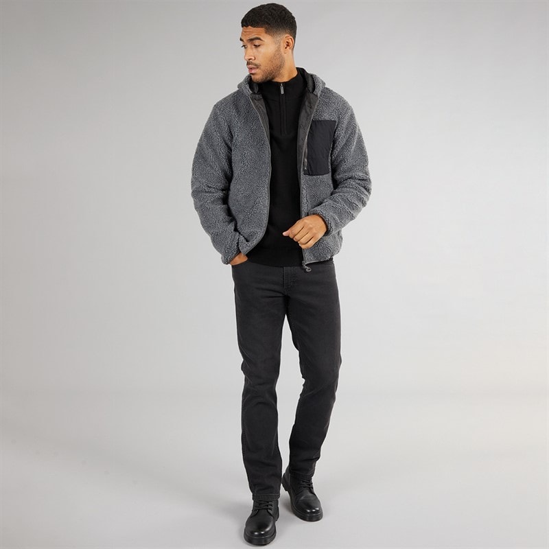 French Connection Mens Borg Pocket Zip Through Hoodie Mid Grey Mel/Black/Black - Image 4