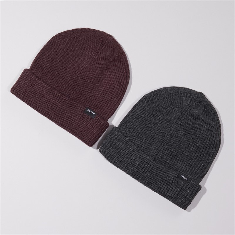 French Connection Mens FCUK Two Pack Beanies Charcoal Melange/Chateaux