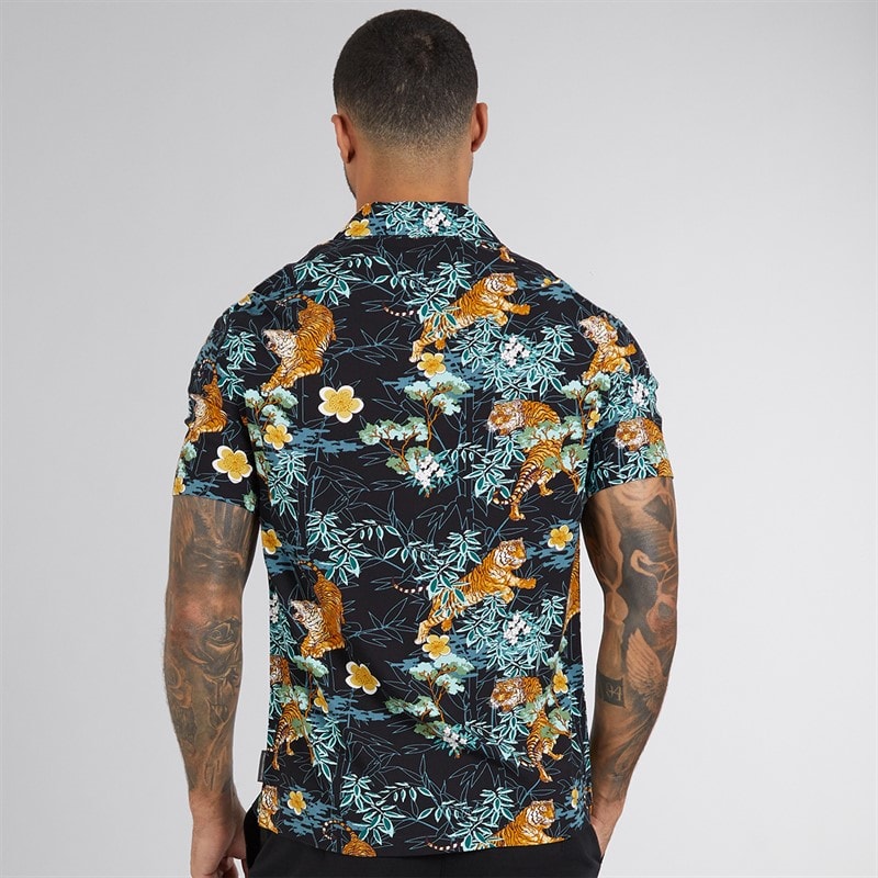 French Connection Mens Short Sleeve Tiger Bamboo Viscose Shirt Black - Image 2