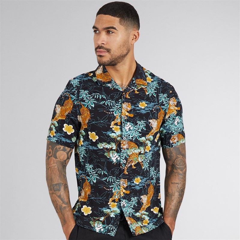 French Connection Mens Short Sleeve Tiger Bamboo Viscose Shirt Black - Image 3