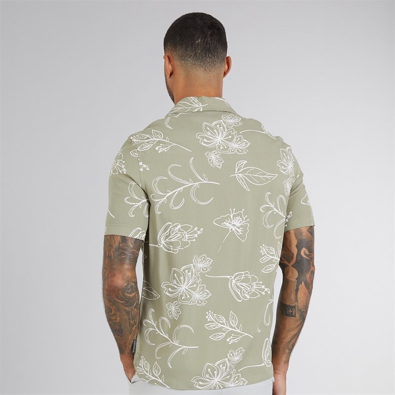 French Connection Mens Short Sleeve Floral Viscose Shirt Khaki - Image 2