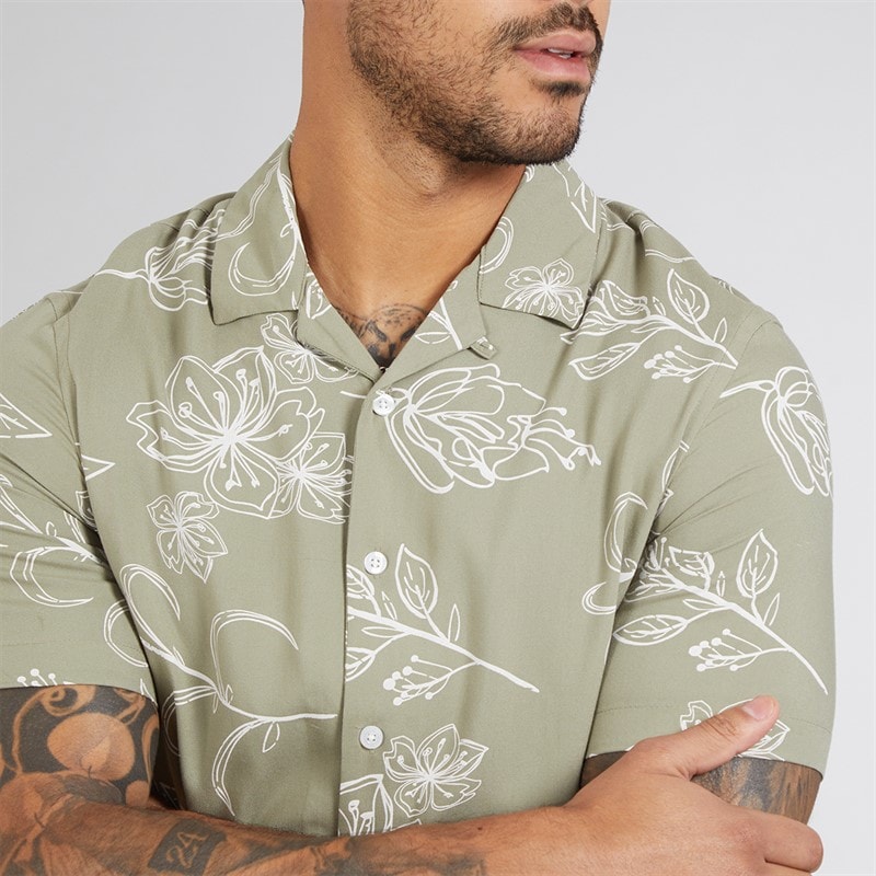 French Connection Mens Short Sleeve Floral Viscose Shirt Khaki - Image 3