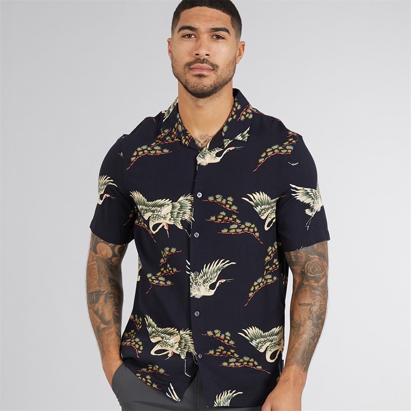 French Connection Mens Short Sleeve Bird Viscose Shirt Marine - Image 1