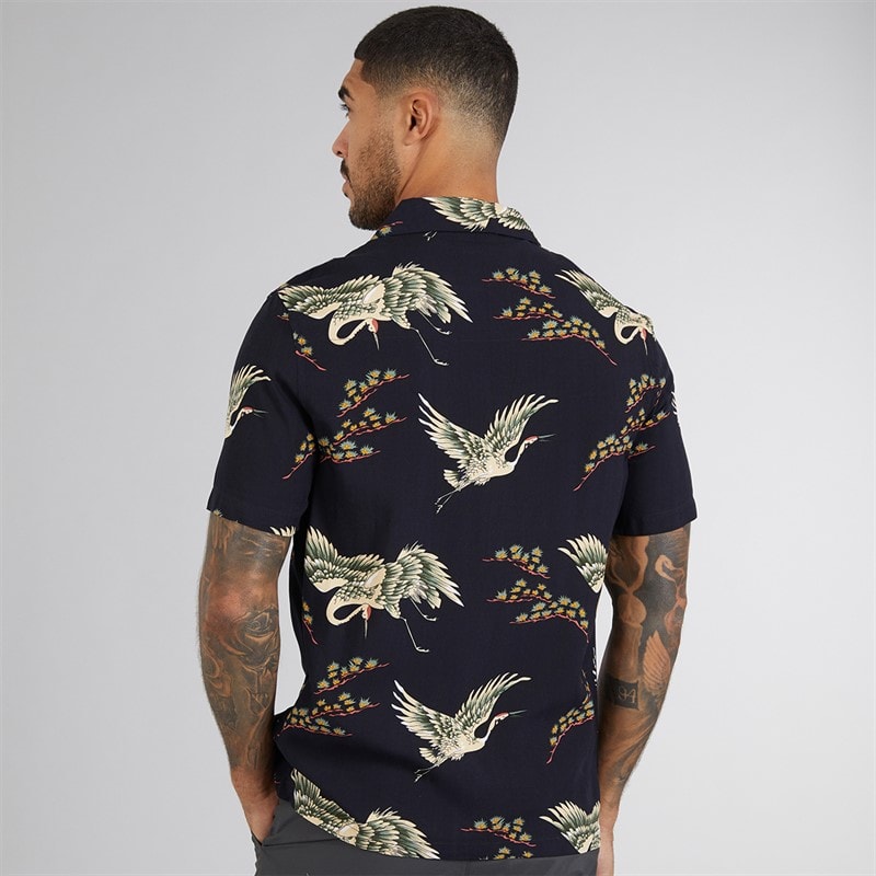 French Connection Mens Short Sleeve Bird Viscose Shirt Marine - Image 2