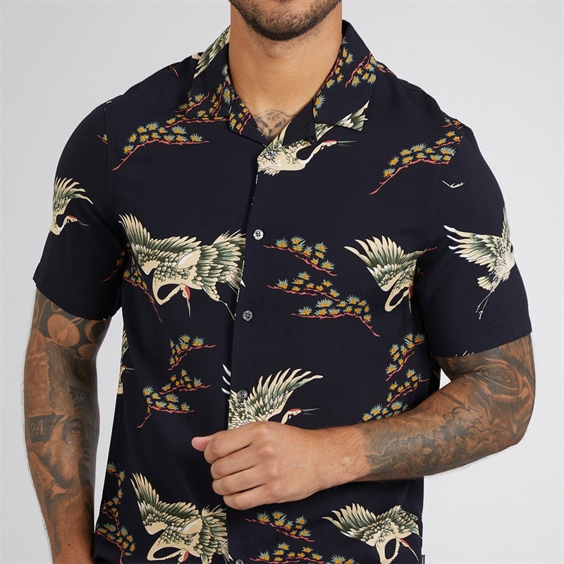French Connection Mens Short Sleeve Bird Viscose Shirt Marine - Image 3