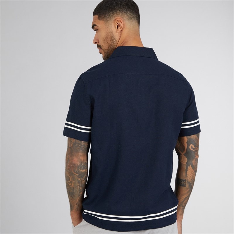 French Connection Mens Short Sleeve Linen Stripe Trim Shirt Marine - Image 2