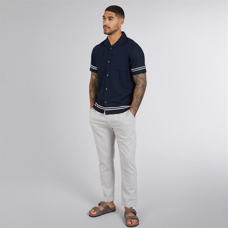 French Connection Mens Short Sleeve Linen Stripe Trim Shirt Marine - Image 3