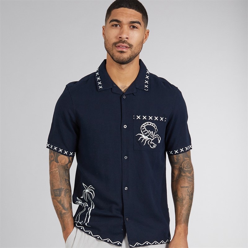 French Connection Mens Short Sleeve Palm Tree Linen Shirt Marine