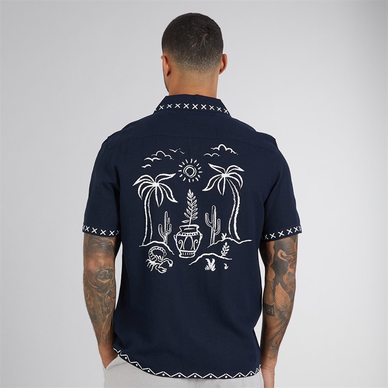 French Connection Mens Short Sleeve Palm Tree Linen Shirt Marine - Image 2