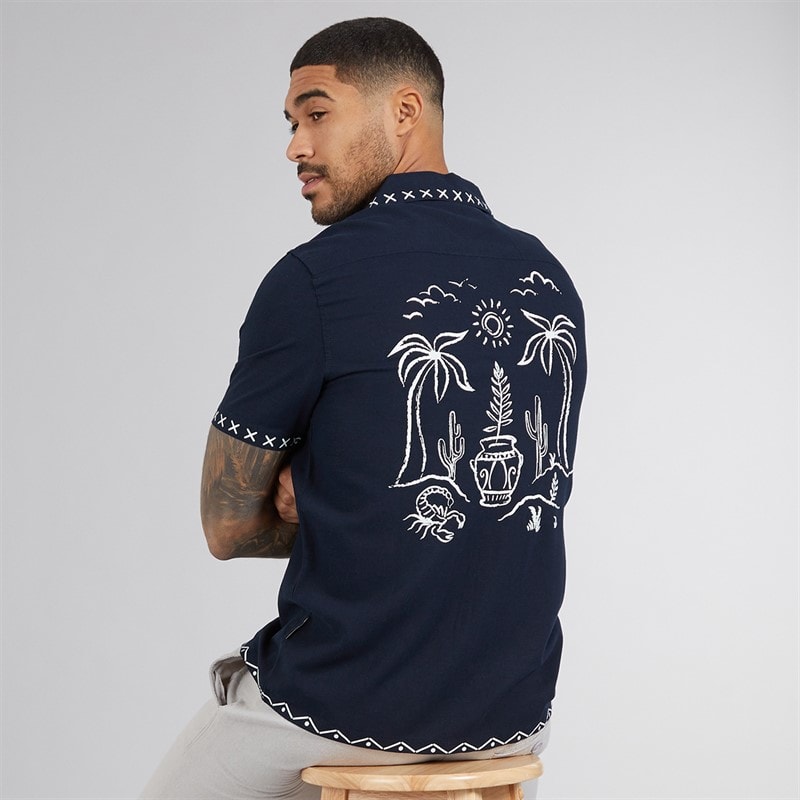 French Connection Mens Short Sleeve Palm Tree Linen Shirt Marine - Image 3