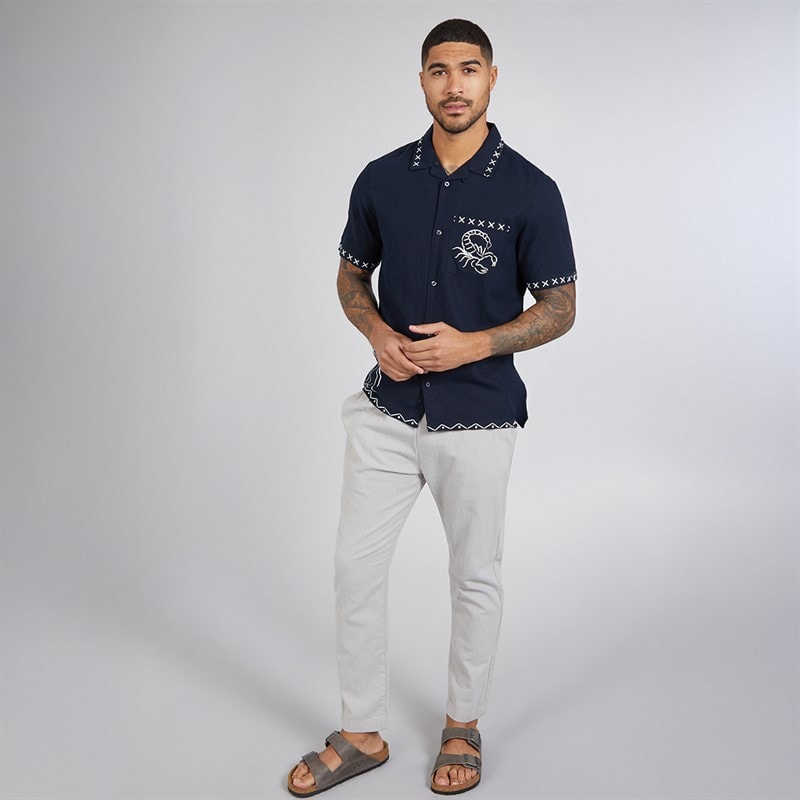 French Connection Mens Short Sleeve Palm Tree Linen Shirt Marine - Image 4