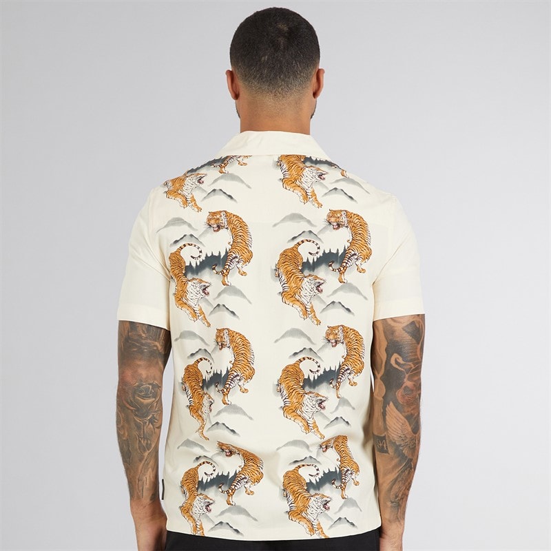 French Connection Mens Short Sleeve Tiger Mountain Viscose Shirt Cream - Image 2