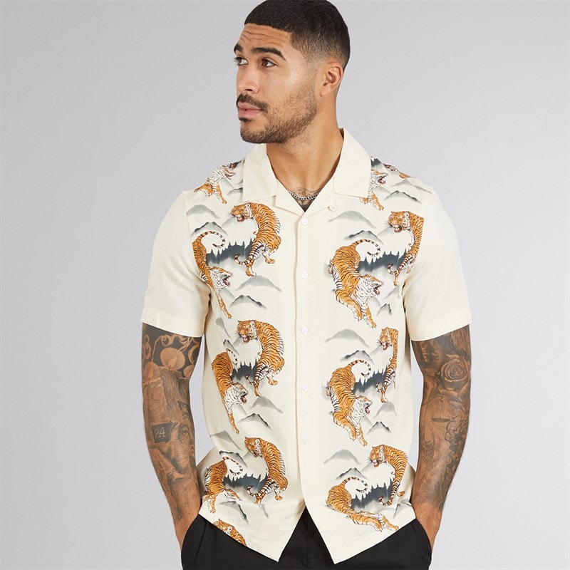 French Connection Mens Short Sleeve Tiger Mountain Viscose Shirt Cream - Image 3