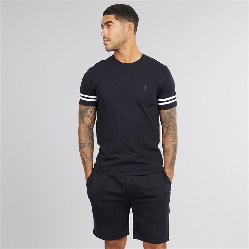 French Connection Mens FC Arm Stripe T-Shirt And Shorts Set Marine/White/Marine - Image 1