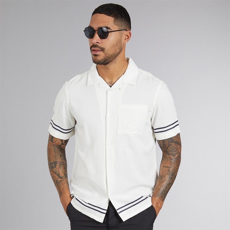 French Connection Mens Short Sleeve Linen Stripe Trim Shirt Ecru - Image 1