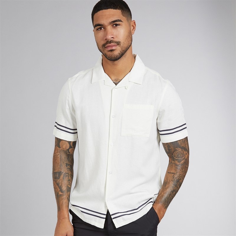 French Connection Mens Short Sleeve Linen Stripe Trim Shirt Ecru - Image 3