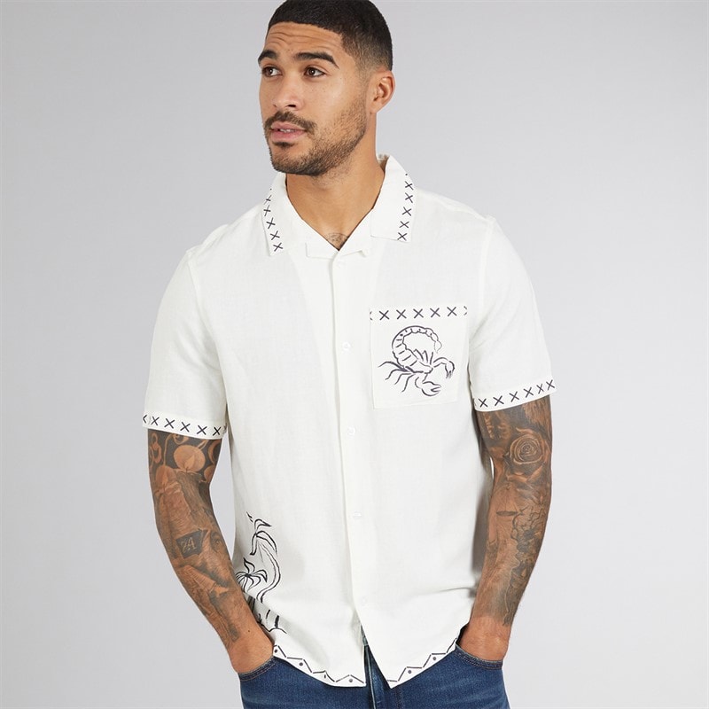 French Connection Mens Short Sleeve Palm Tree Linen Shirt Ecru - Image 2