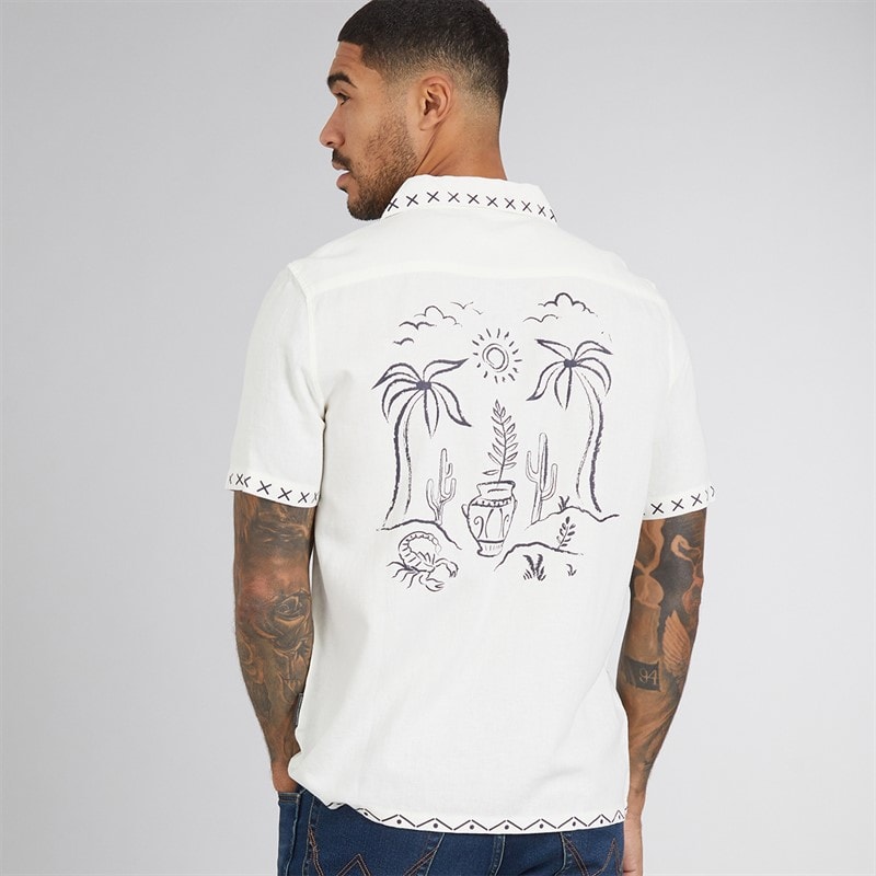 French Connection Mens Short Sleeve Palm Tree Linen Shirt Ecru - Image 3
