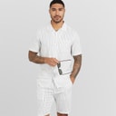 French Connection Mens Linen Stripe Short Sleeve Shirt And Shorts Set Ecru/Marine
