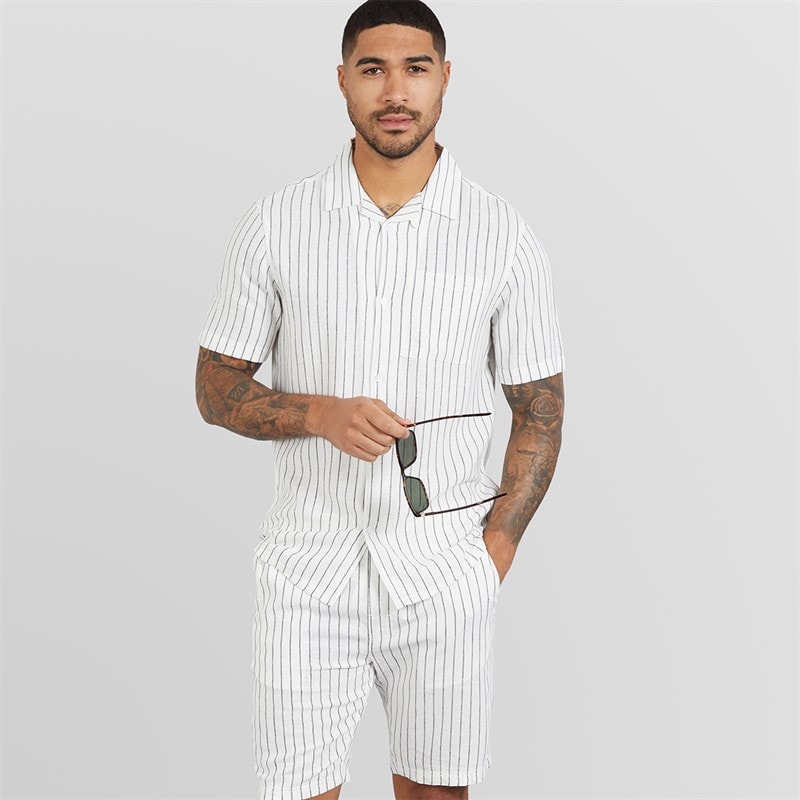 French Connection Mens Linen Stripe Short Sleeve Shirt And Shorts Set Ecru/Marine