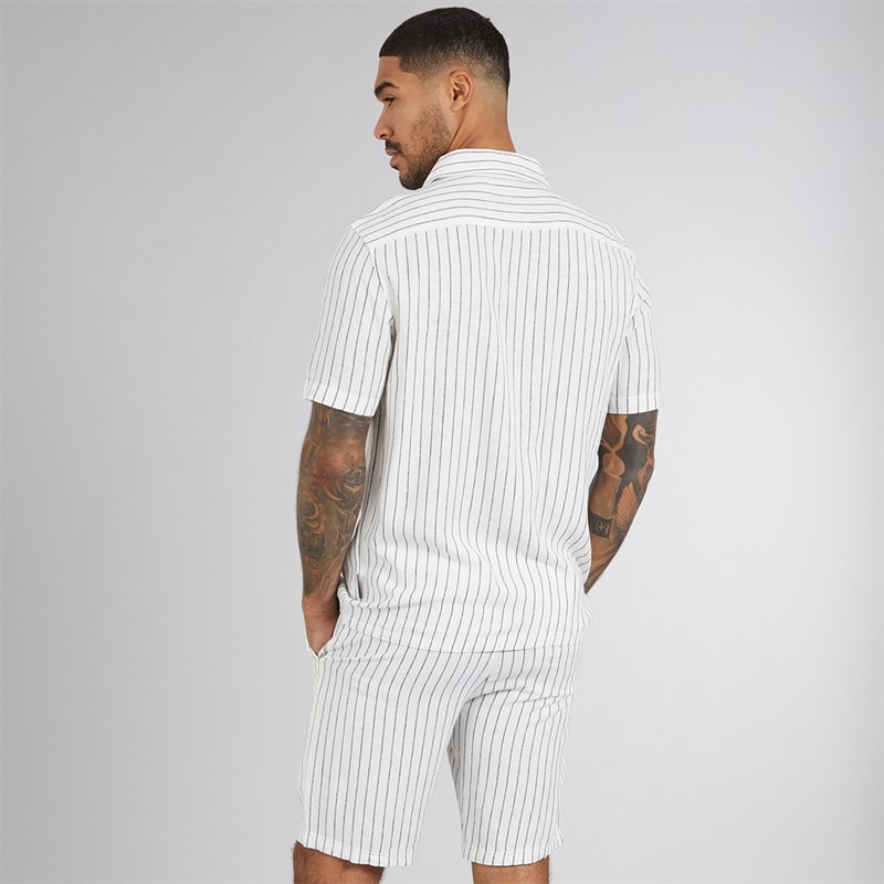 French Connection Mens Linen Stripe Short Sleeve Shirt And Shorts Set Ecru/Marine - Image 2