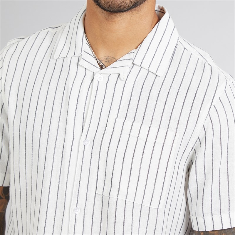 French Connection Mens Linen Stripe Short Sleeve Shirt And Shorts Set Ecru/Marine - Image 3