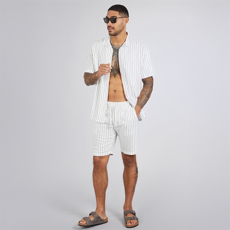 French Connection Mens Linen Stripe Short Sleeve Shirt And Shorts Set Ecru/Marine - Image 4