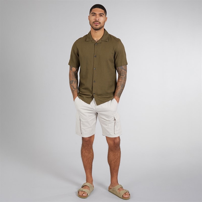 French Connection Mens Short Sleeve Linen Shirt Khaki - Image 3