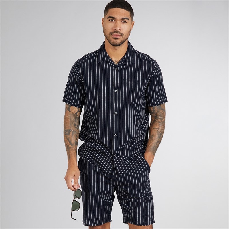 French Connection Mens Linen Stripe Short Sleeve Shirt And Shorts Set Marine/Ecru