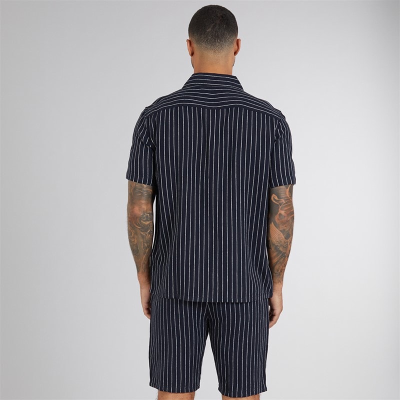 French Connection Mens Linen Stripe Short Sleeve Shirt And Shorts Set Marine/Ecru - Image 2