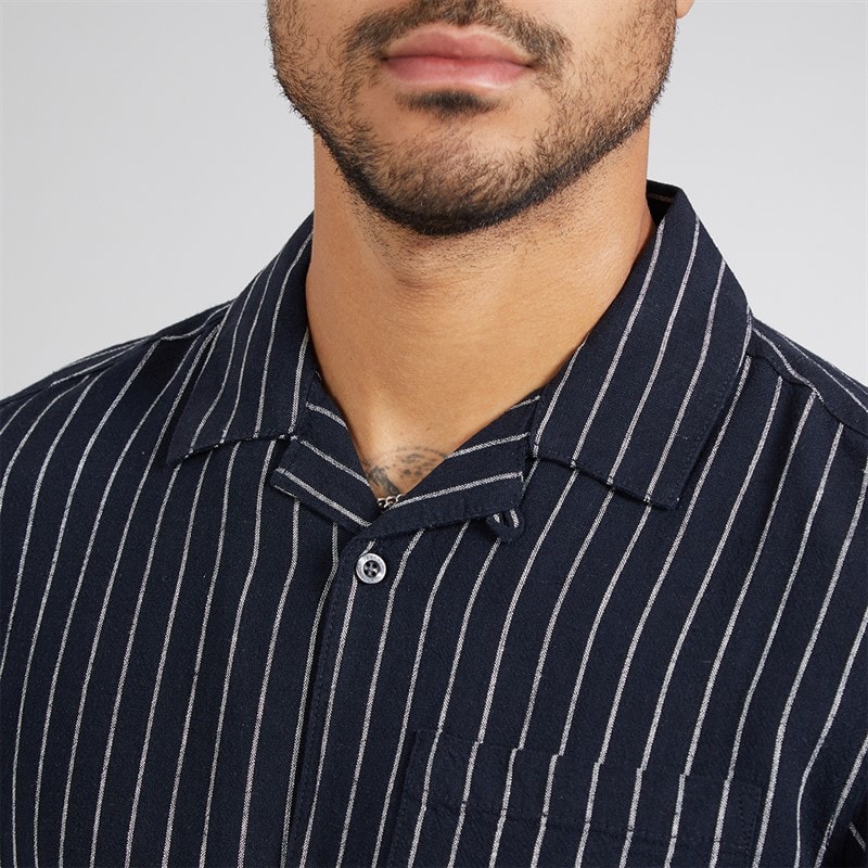 French Connection Mens Linen Stripe Short Sleeve Shirt And Shorts Set Marine/Ecru - Image 3