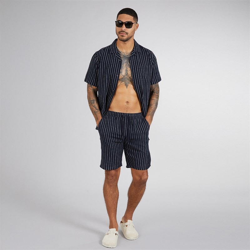 French Connection Mens Linen Stripe Short Sleeve Shirt And Shorts Set Marine/Ecru - Image 4