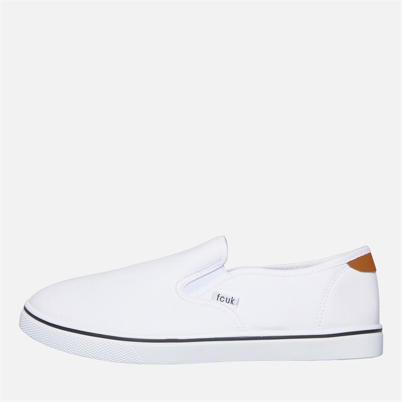 French Connection Mens FCUK Deck Slip On Canvas Pumps White/Tan At Heel