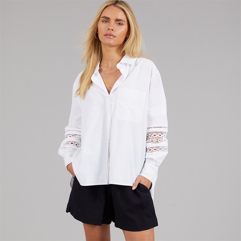 French Connection Womens Crochet Sleeve Shirt Linen White - Image 3