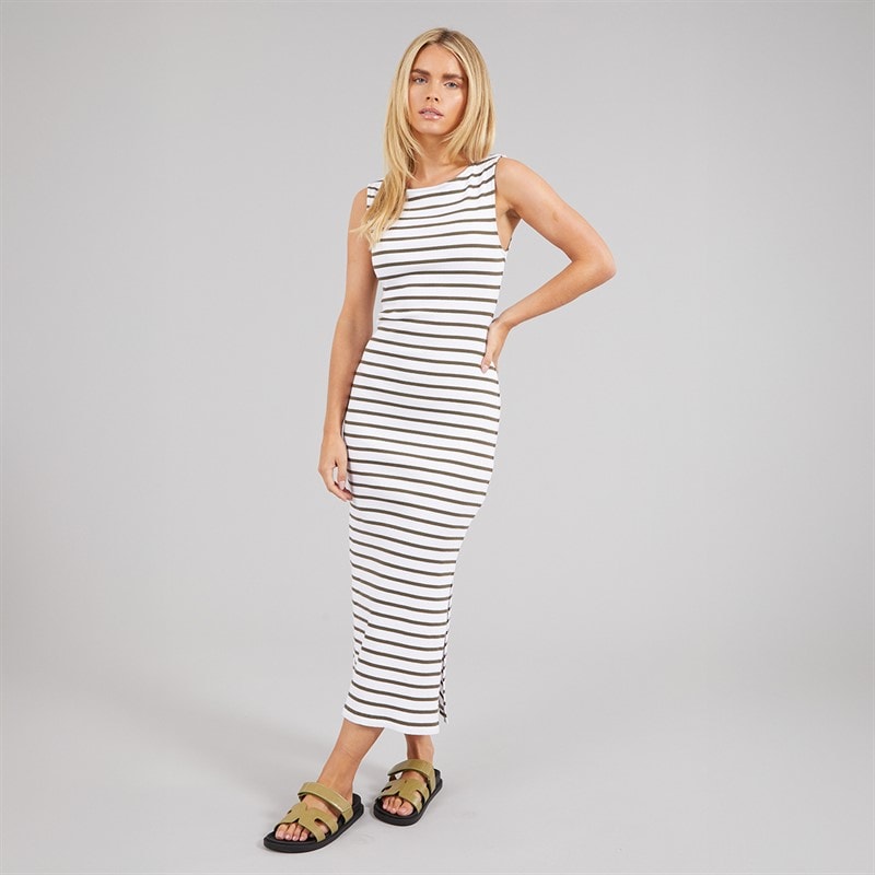 French Connection Womens Ribbed Striped Dress White/Khaki - Image 4