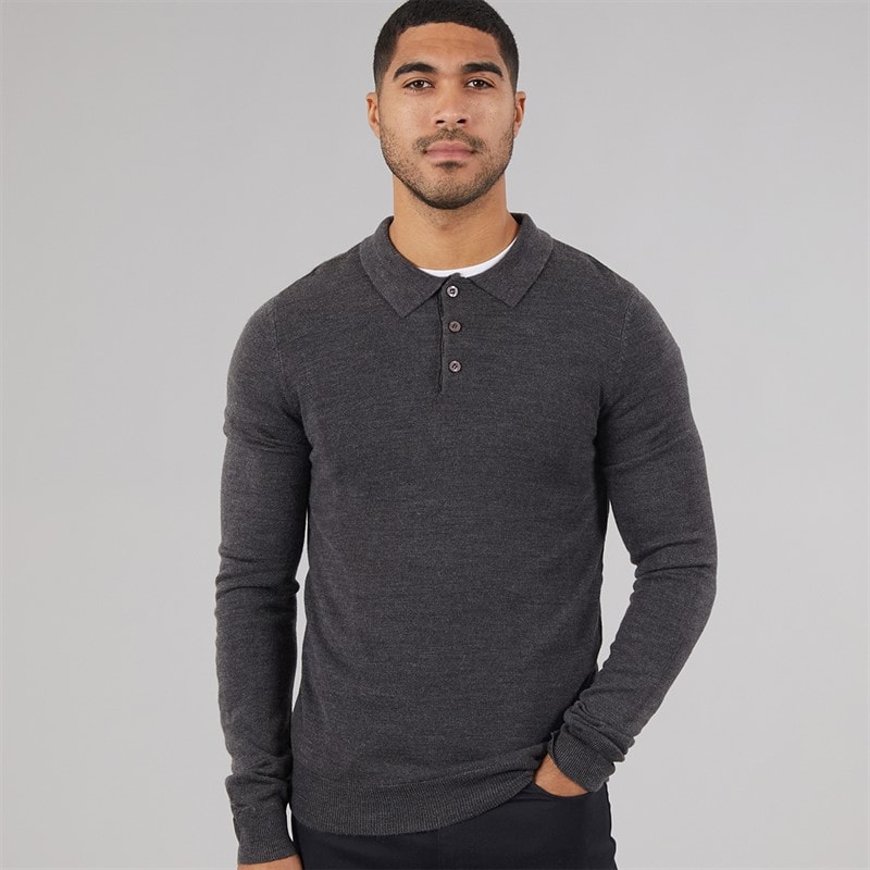 French Connection Mens Cash Long Sleeve Polo Shirt ange Charcoal Mel