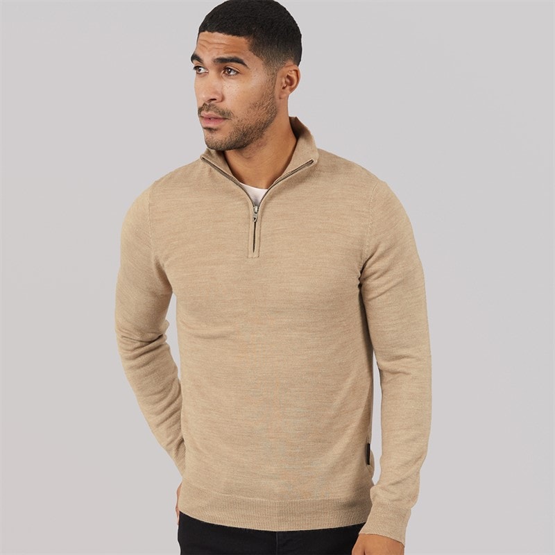 French Connection Mens Cash Half Zip Jumper Camel Mel