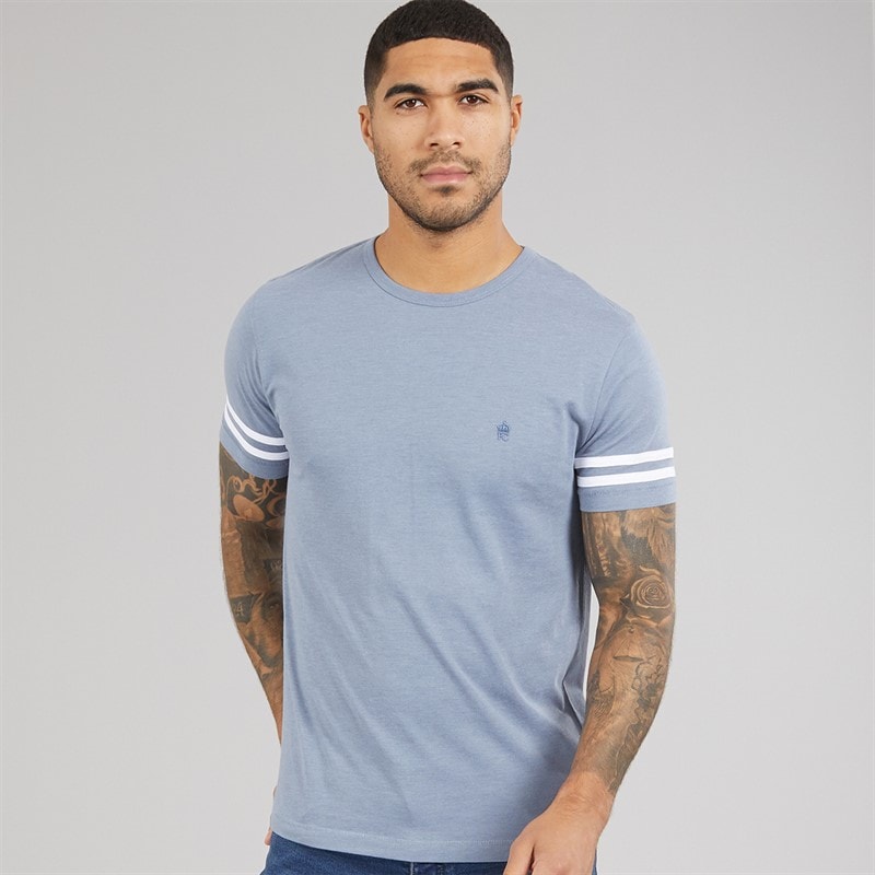 French Connection Mens Arm Stripes T-Shirt Light Blue Melange/White Lgt Blue Mel/White
