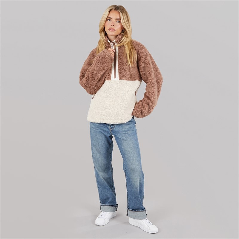 French Connection Womens Borg Block 1/2 Zip Fleece Mocha/Oatmeal - Image 4