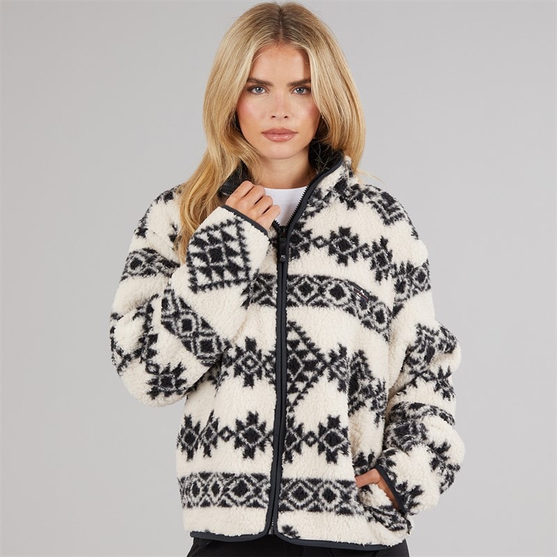 French Connection Womens Borg Aztec Zip Thru Fleece Oatmeal/Black - Image 3