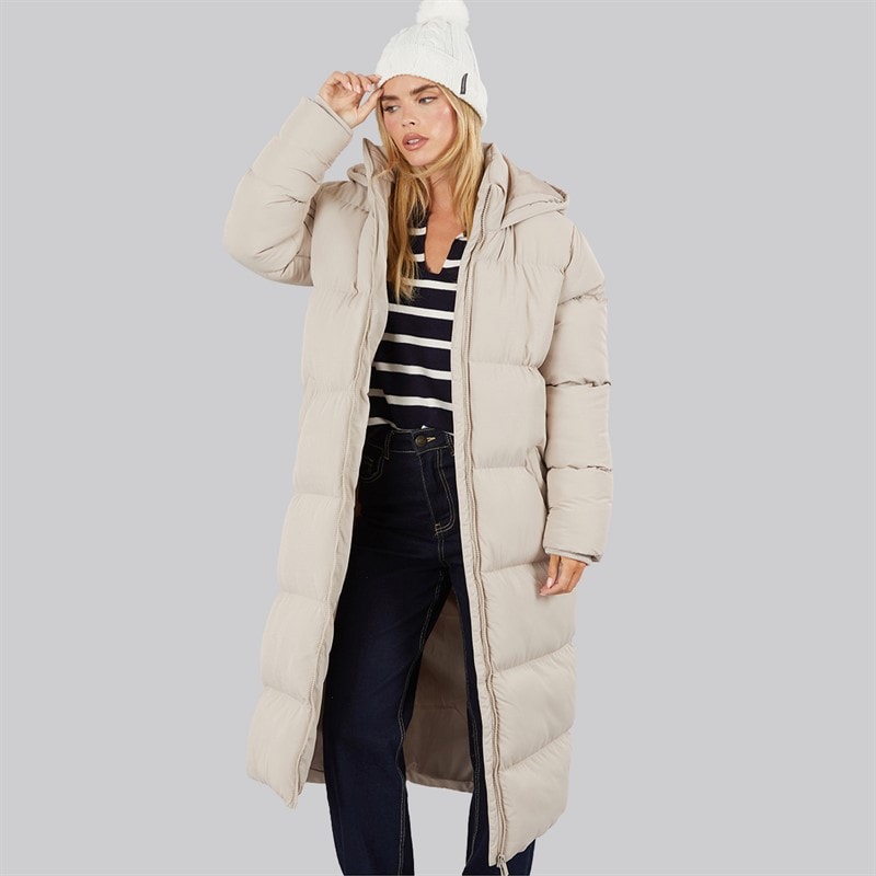 French Connection Womens Row Long Puffer Coat Light Taupe