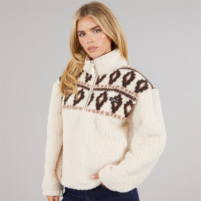 French Connection Womens Borg Fairisle Zip Fleece Oatmeal - Image 3