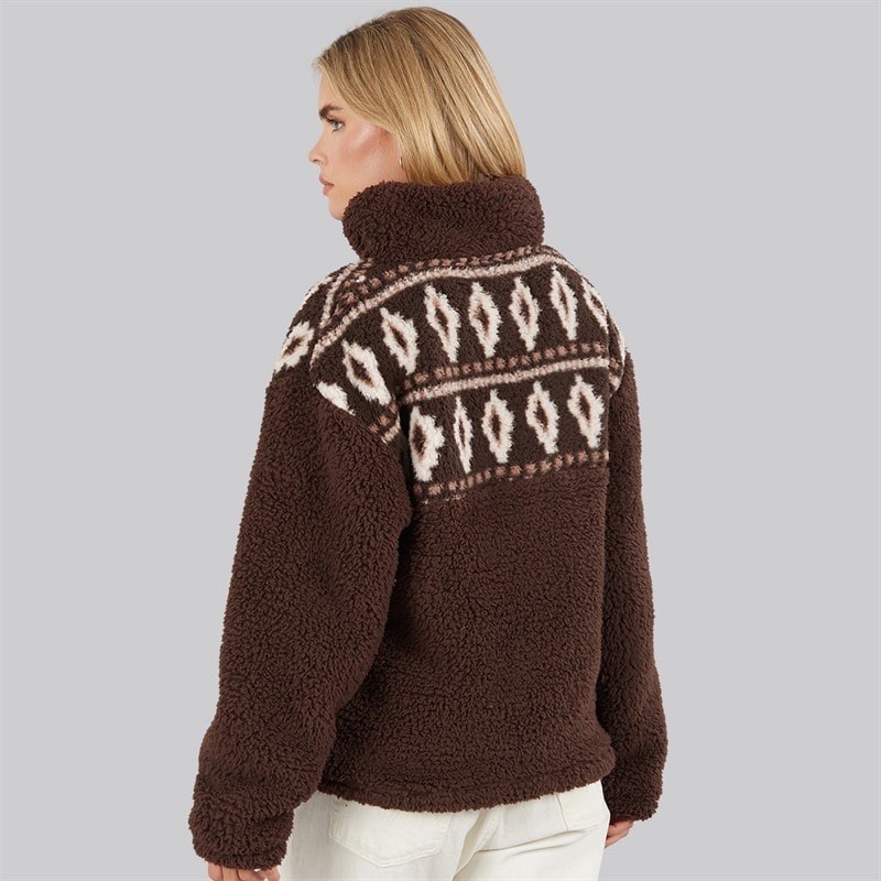 French Connection Womens Borg Fairisle Zip Fleece Chocolate - Image 2